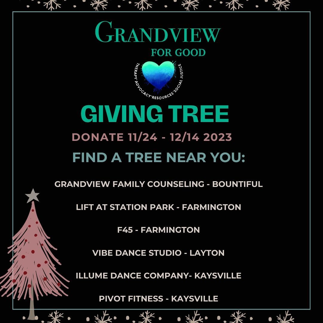 Donate to our Giving Tree! 🎄 (11/24-12/14) 

We are a Utah-based nonprofit committed to improving access to mental health resources. We work to provide evidence-based mental health services to underprivileged clients and victims of abuse - with part