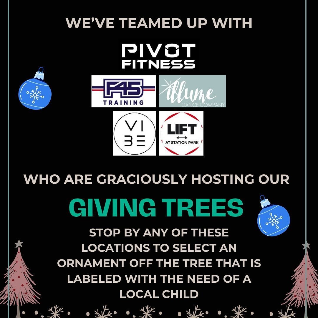 This year we&rsquo;ve teamed up with: Pivot Fitness, Vibe Dance Studio, F45 Training- Kaysville, Illume Dance Studio and Lift at Station Park 💙

Each of these businesses is graciously hosting our Giving Trees! 🎄

Stop by any of these locations to s