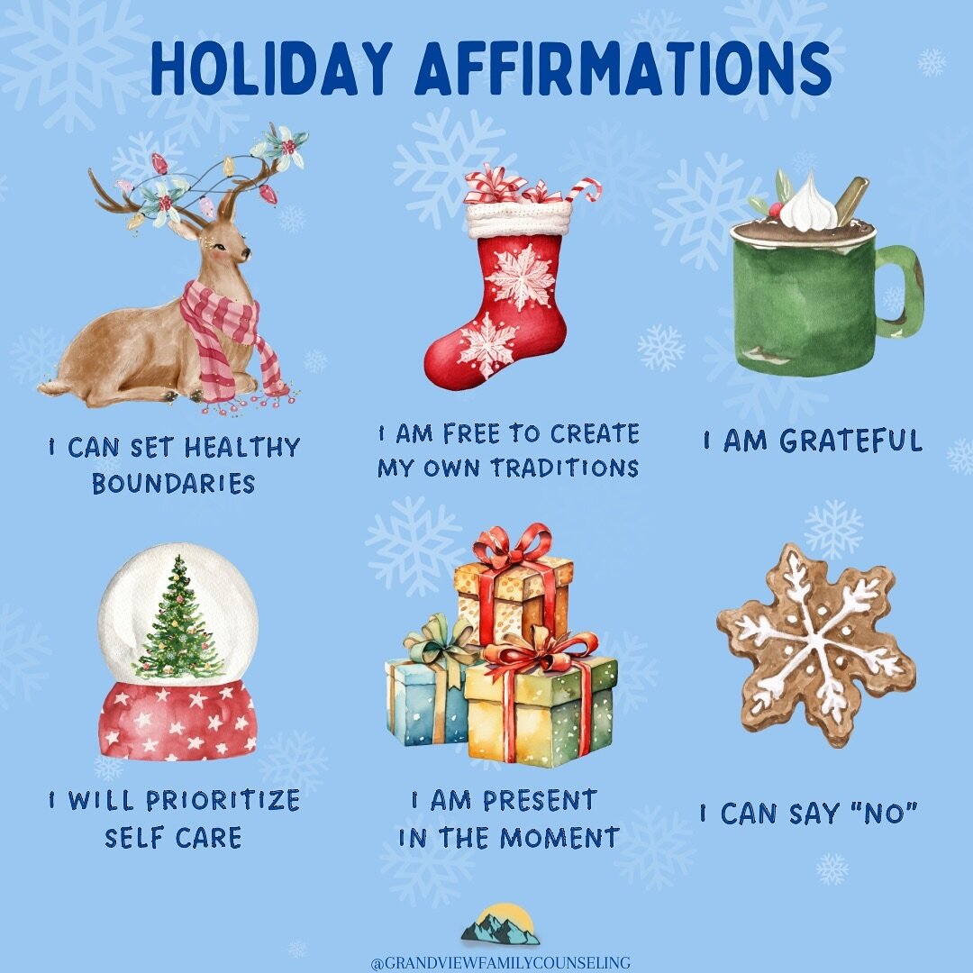 Here&rsquo;s our Holiday Affirmations 🎄

I can set healthy boundaries present 🎁 

I am free to create my own traditions 💙

I am grateful 🙏 

I will prioritize self-care 🫂

I am present in the moment 🧘 

I can say &ldquo;no&rdquo; 🙅&zwj;♀️

&bu