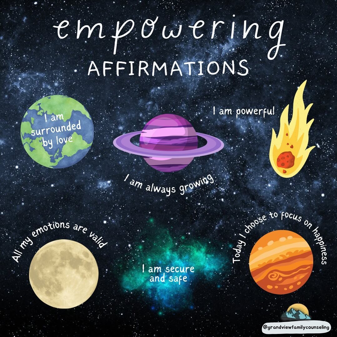 Empowering Affirmations 🌌 

I am surrounded by love 🌍 

I am always growing 🪐

I am powerful ☄️

All my emotions are valid 🌖 

I am secure and safe ✨ 

Today I choose to focus on happiness 🌞

&bull;
&bull;
&bull;
#empowering #affirmations #thera