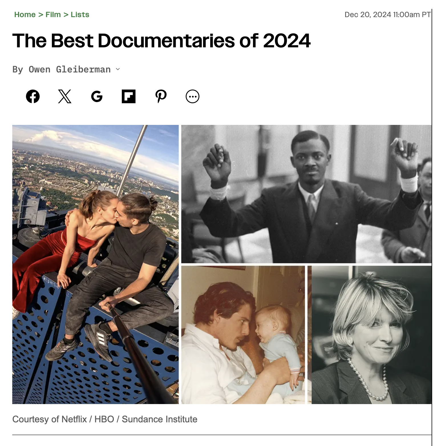 A collage of four images: a couple kissing at a high elevation with a cityscape in the background, a black-and-white photo of a man with arms raised, a woman with short hair and a pearl necklace, and a man with curly hair holding a baby and looking at it.