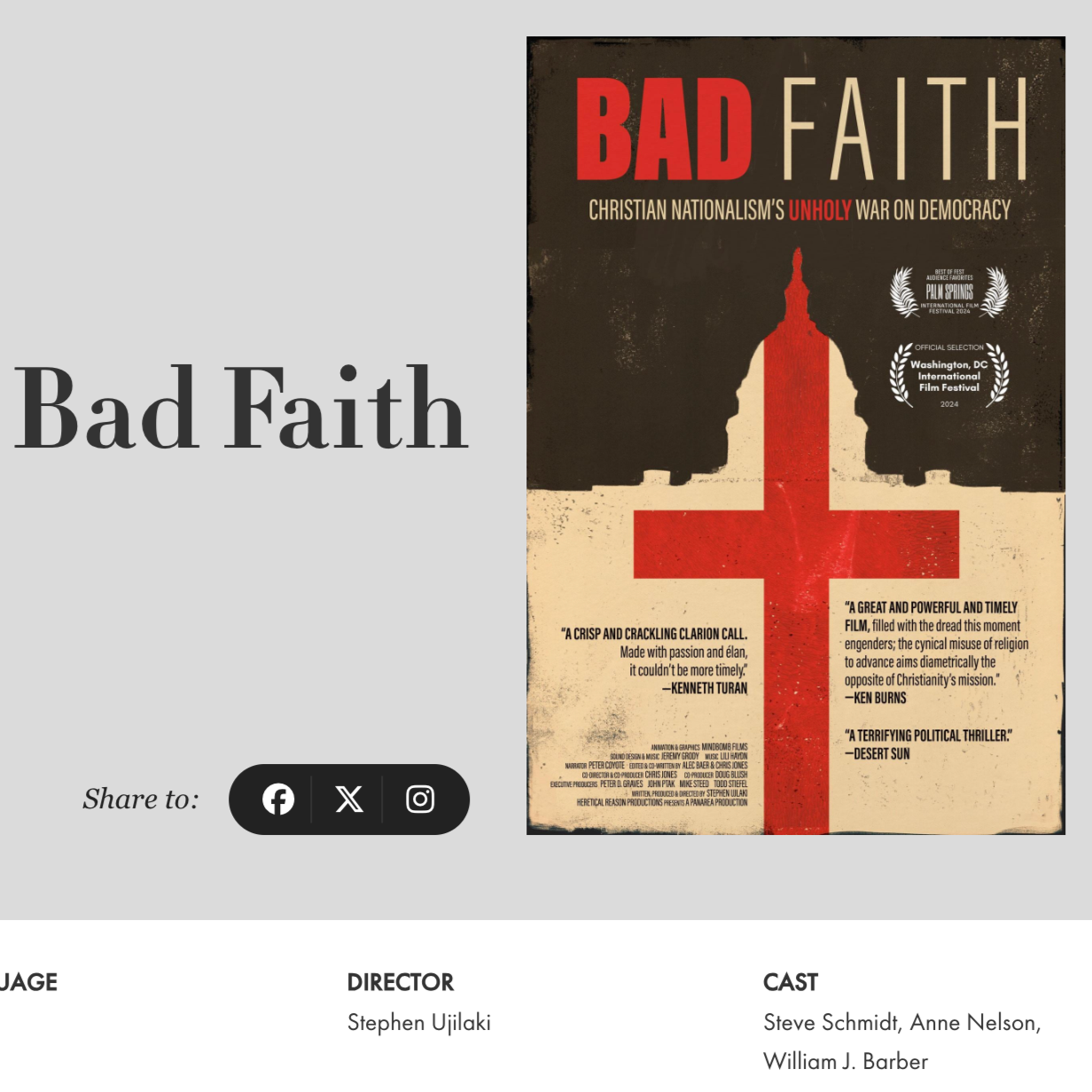 Poster for the documentary film "Bad Faith" featuring a large red cross on a weathered background with quotes from critics, awards, and accolades, and the title in bold red and black text.
