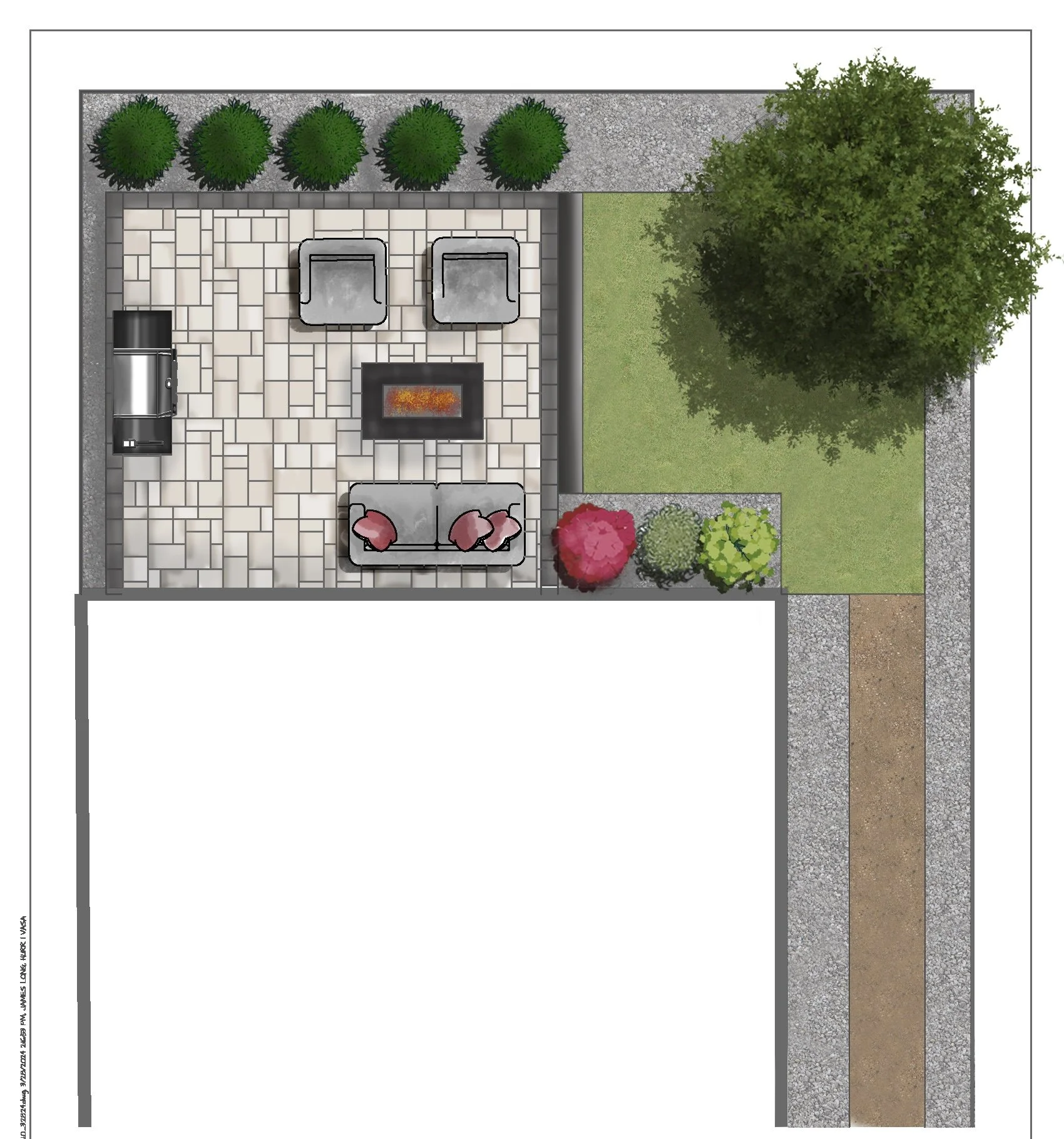 Landscape Design of an outdoor patio area with seating, a firepit, a barbecue grill, potted plants, grass, trees, and a Walkway.