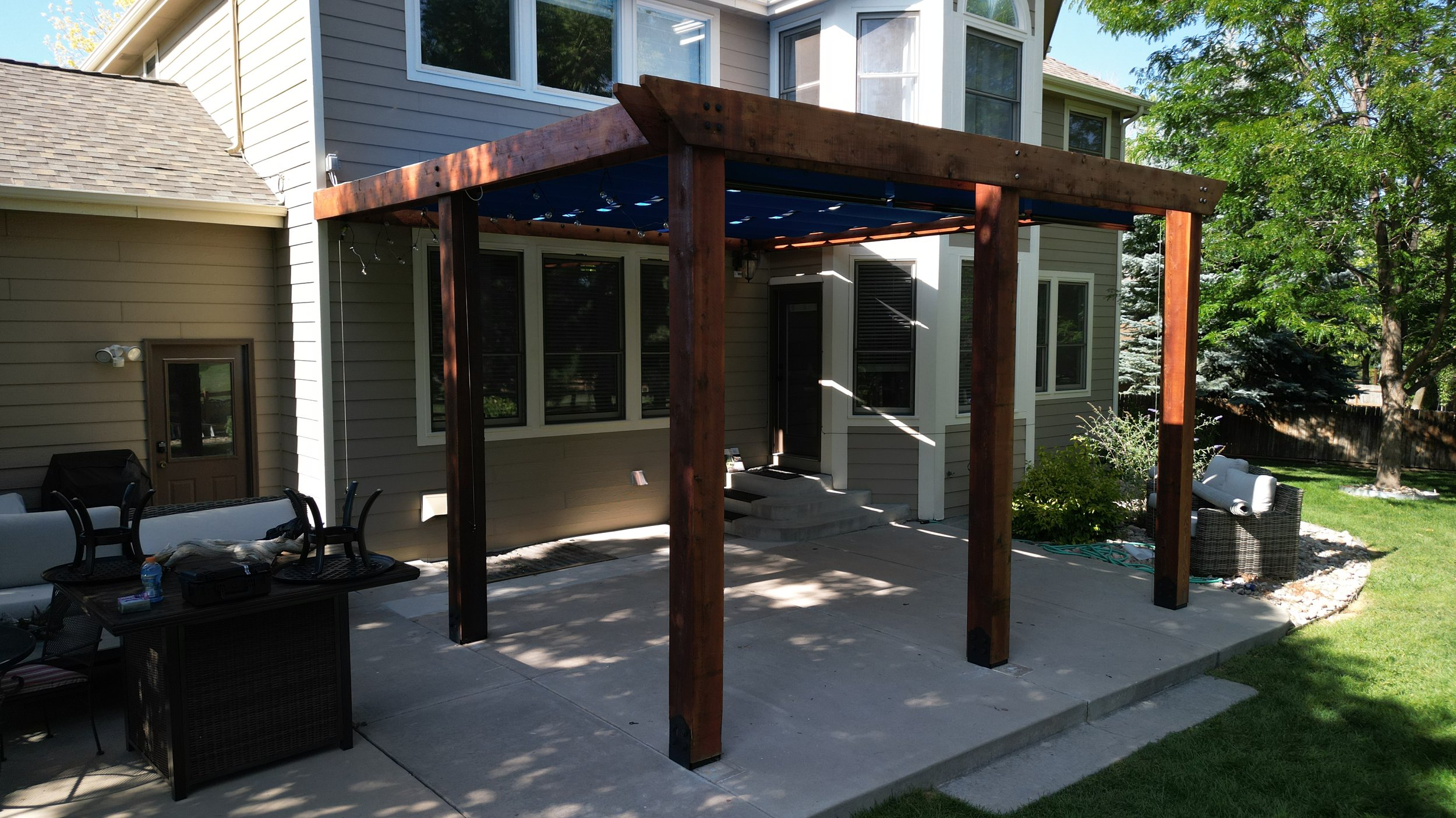 The Horizontal Shade is from The Outdoor Store and was custom fabricated to fit the length and width of this pergola. The Shade has an anti tearing feature so no need to worry about wind gusts. The shade can also be removed from its tracks and stored