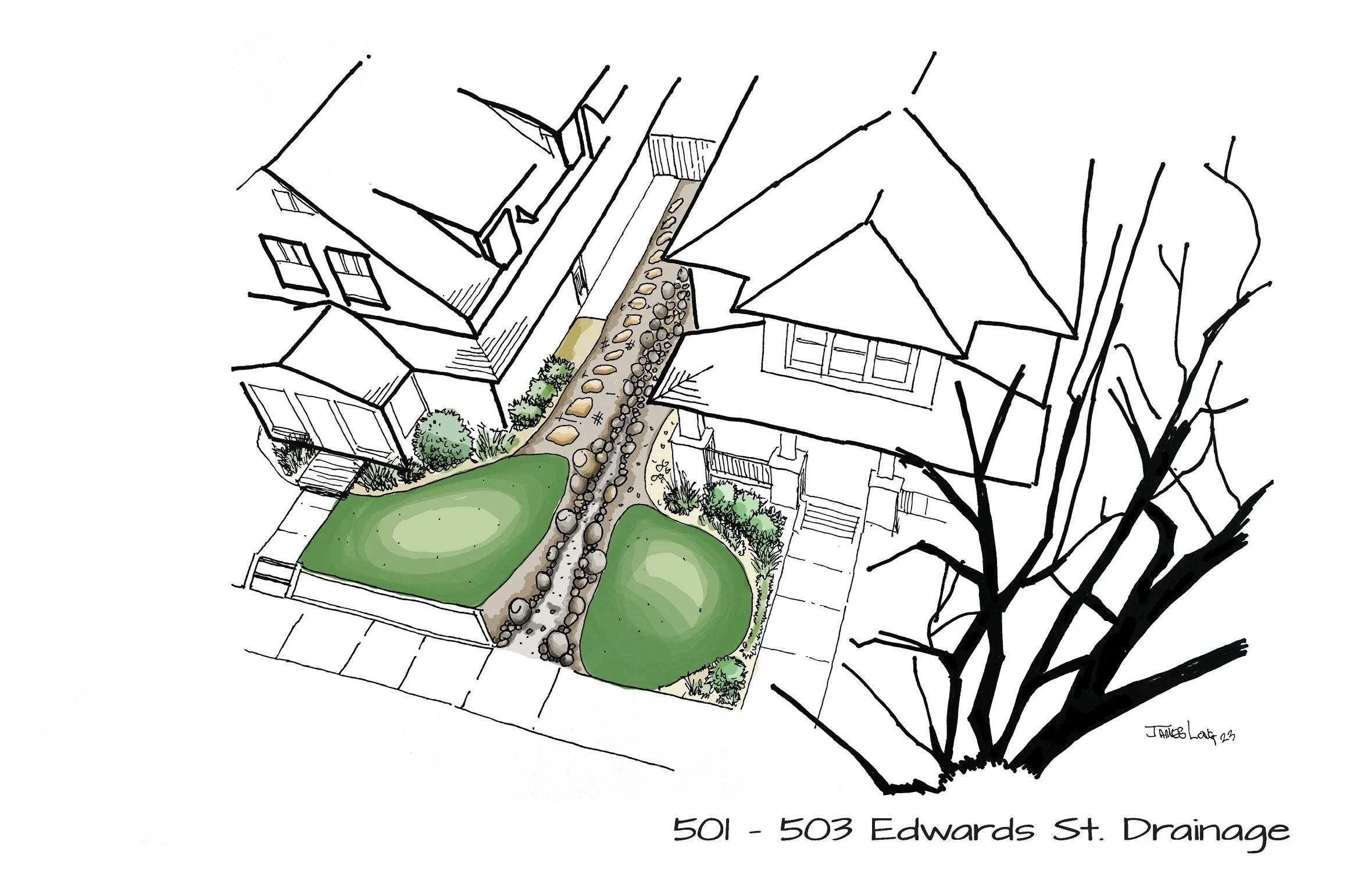 A colored illustration of a backyard landscape between two houses, featuring a grassy lawn, a stone pathway, and garden beds.
