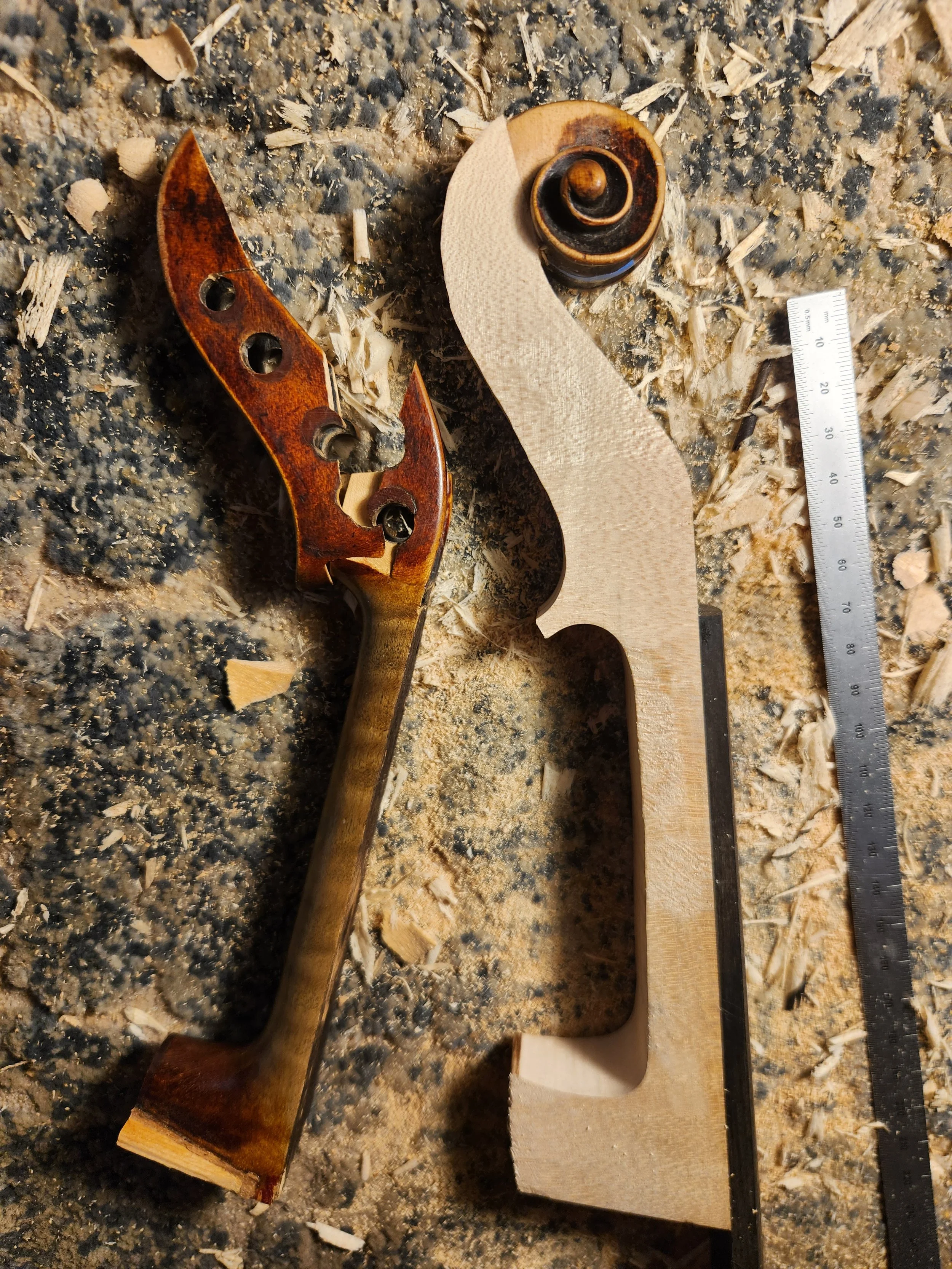 Scroll graft on a 18th Century Markneukirchen violin