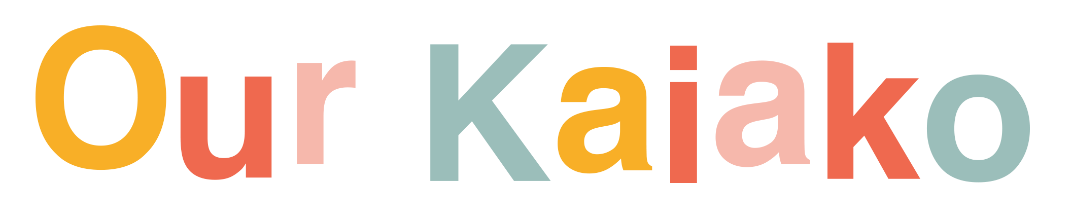 Colorful text spelling 'Our Kälako' with each letter in a different pastel color.