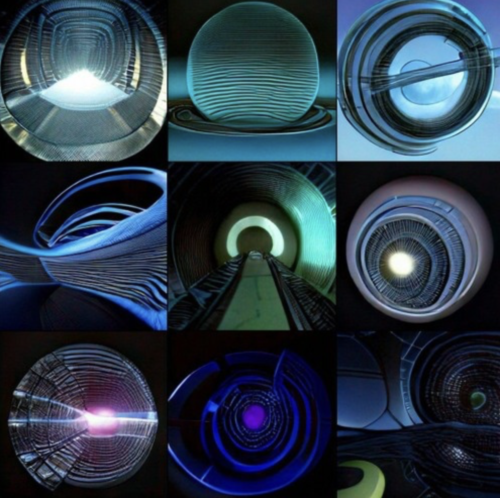 Collage of nine images showing illuminated, abstract, tunnel-like and circular structures with futuristic and glowing designs.