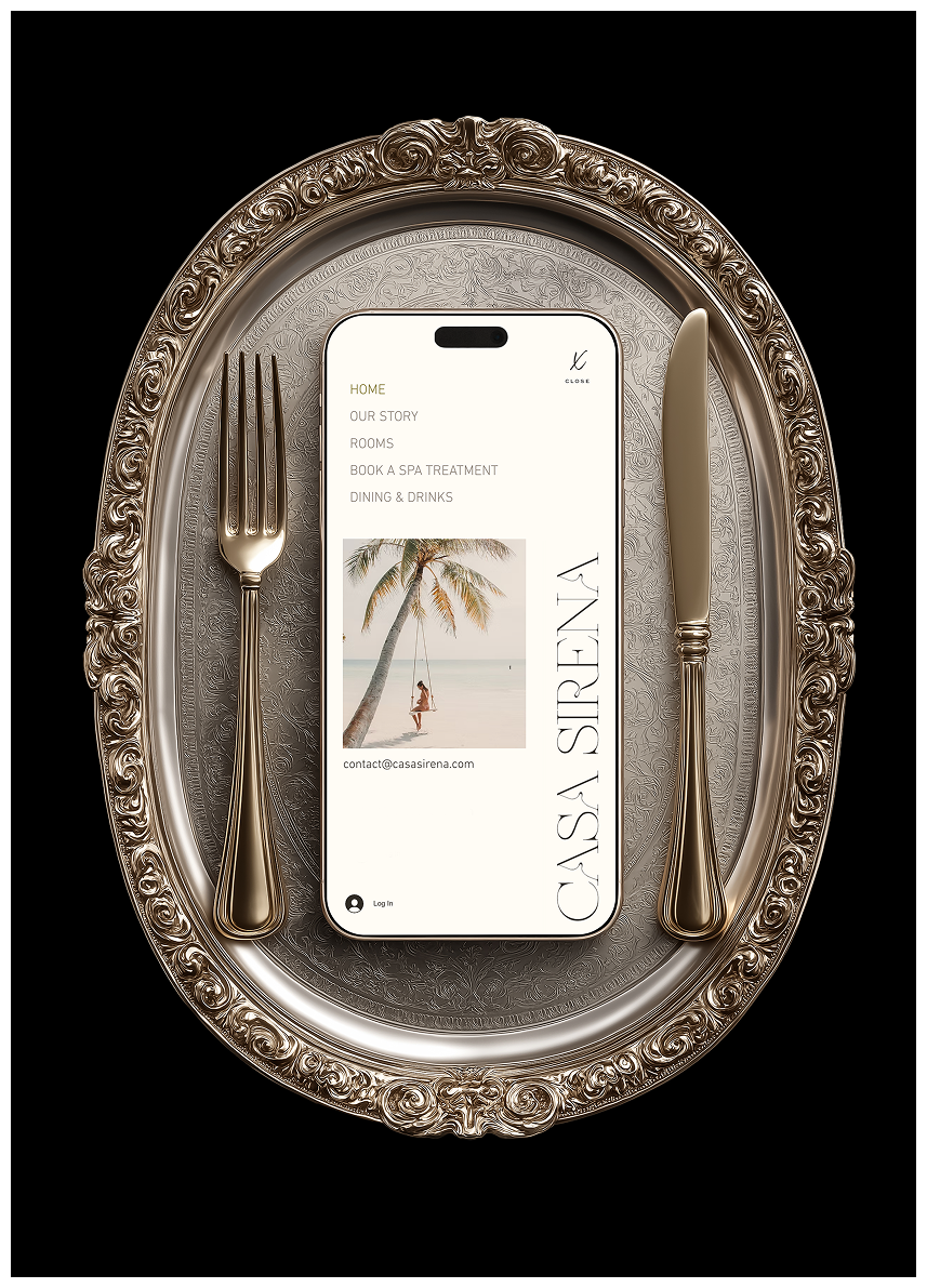 A luxurious silver tray holding a smartphone with the Casa Sirena website displayed, surrounded by a gold fork and knife, with a black background.