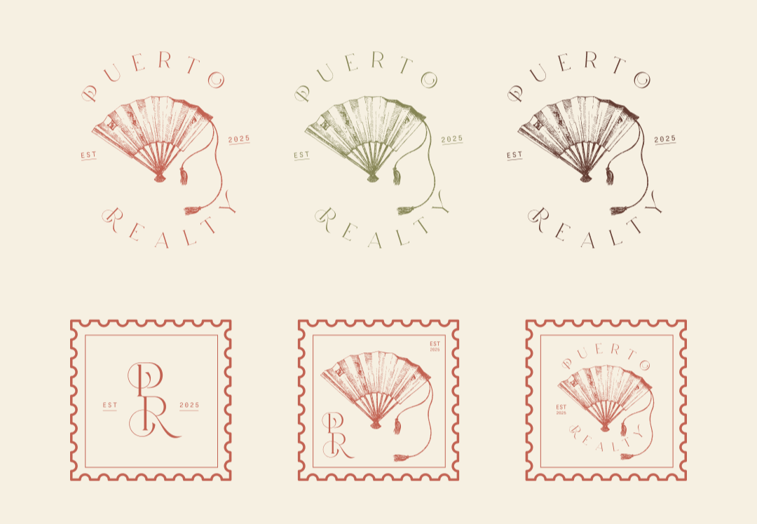 Design featuring a fan and a face outline with the words "Puerto Reality" and "EST 2025" in a vintage style, displayed on three logos and three stamps.