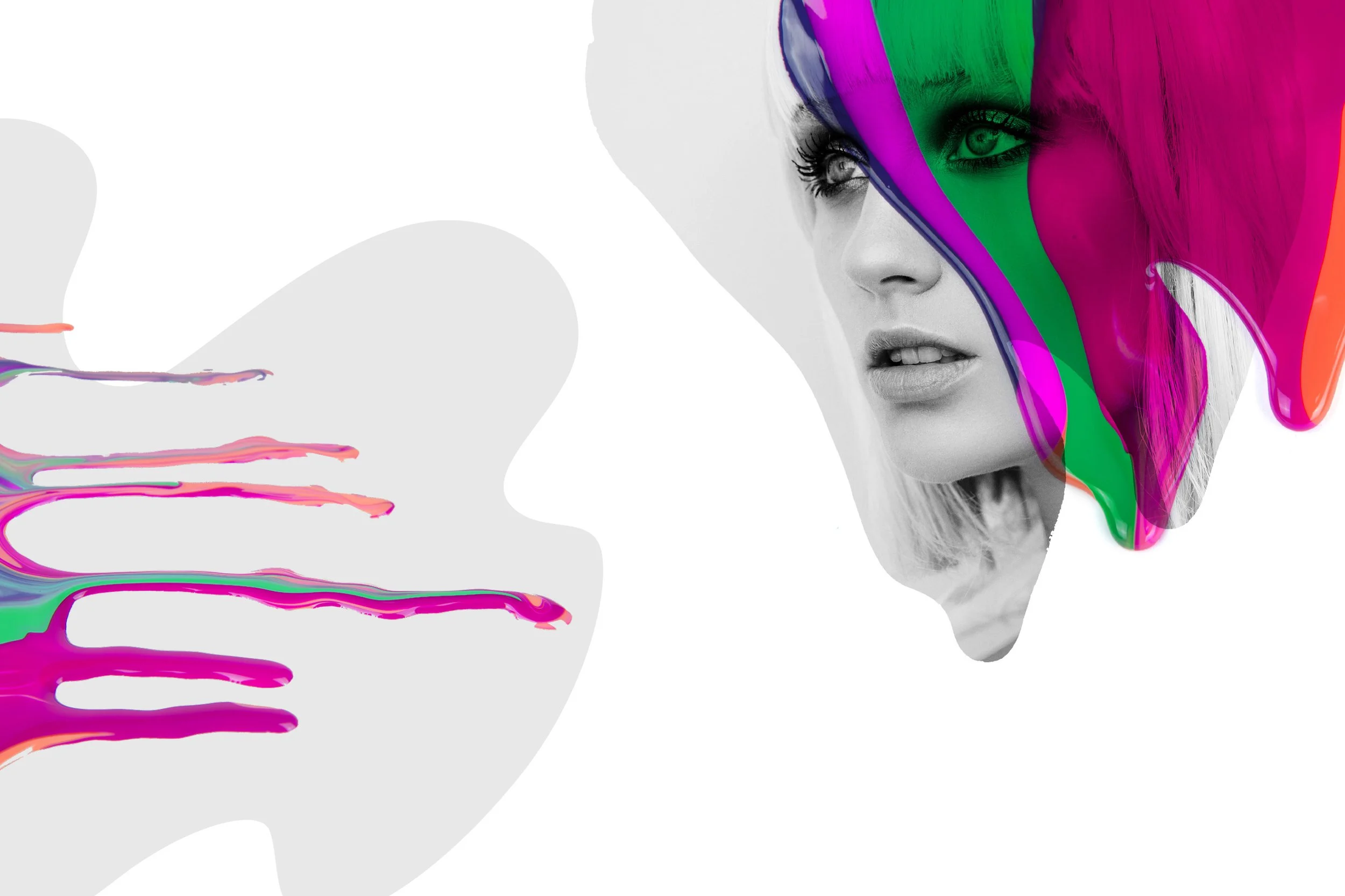 Black and white photo of a woman's face with colorful paint splashes overlapping her face, and a hand reaching toward her on the left side.