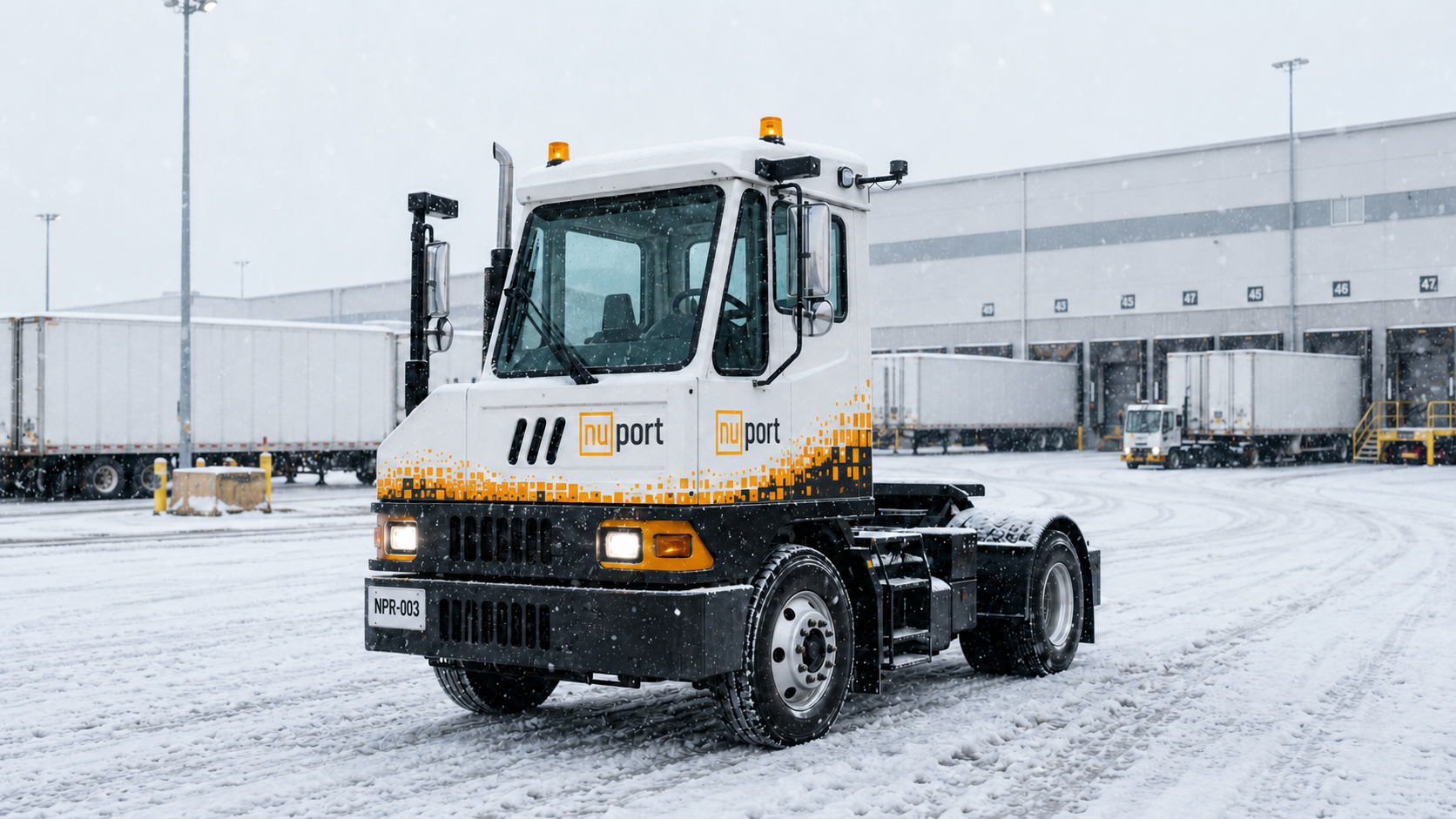 NuPort terminal tractor operating in snowy winter conditions