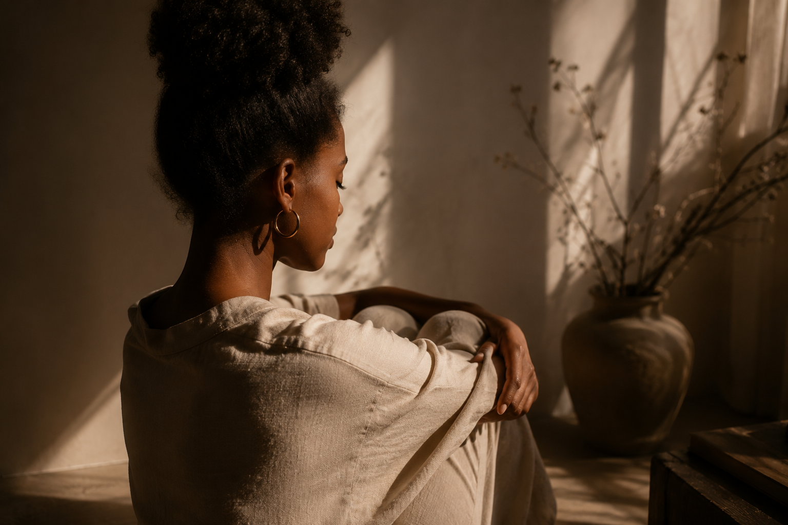 Femme assise près d'une fenêtre, regardant pensivement, avec une lumière douce et une vase avec des branches derrière elle.