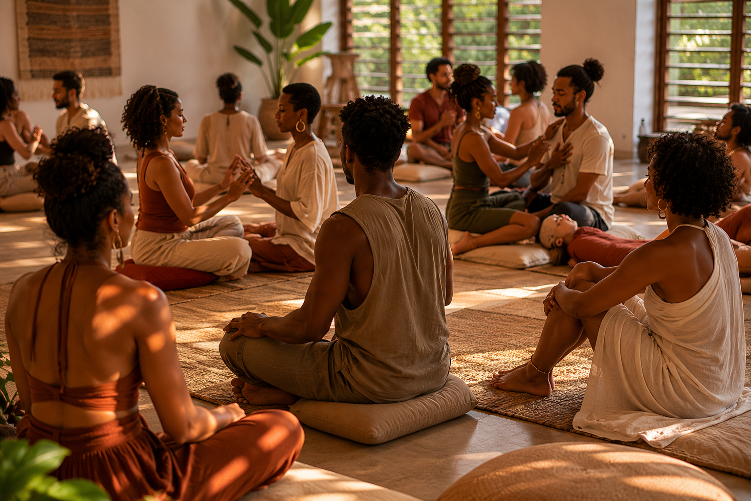 Groupe de personnes pratiquant le yoga ou la méditation en intérieur, assises sur des tapis, dans une atmosphère paisible, avec des fenêtres laissant entrer la lumière naturelle.