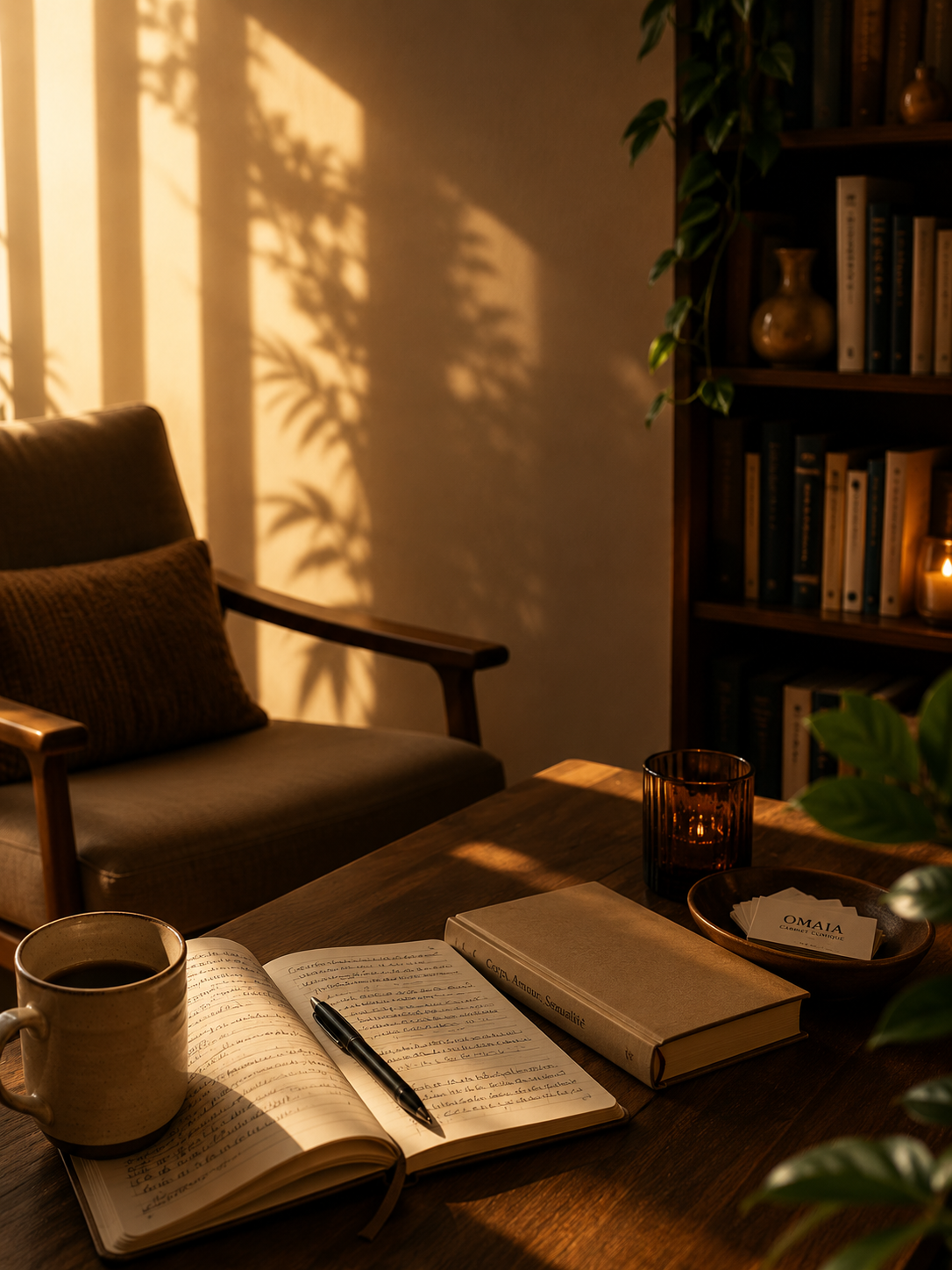 Une table en bois avec un livre ouvert, une tasse de café, un carnet, un livre intitulé 'Cœur Amour Sexualité', une petite assiette avec des cartes 'Omaia', un verre sombre, et des plantes d'intérieur dans un salon à l'ambiance chaleureuse avec lumière tamisée et une bibliothèque en arrière-plan.