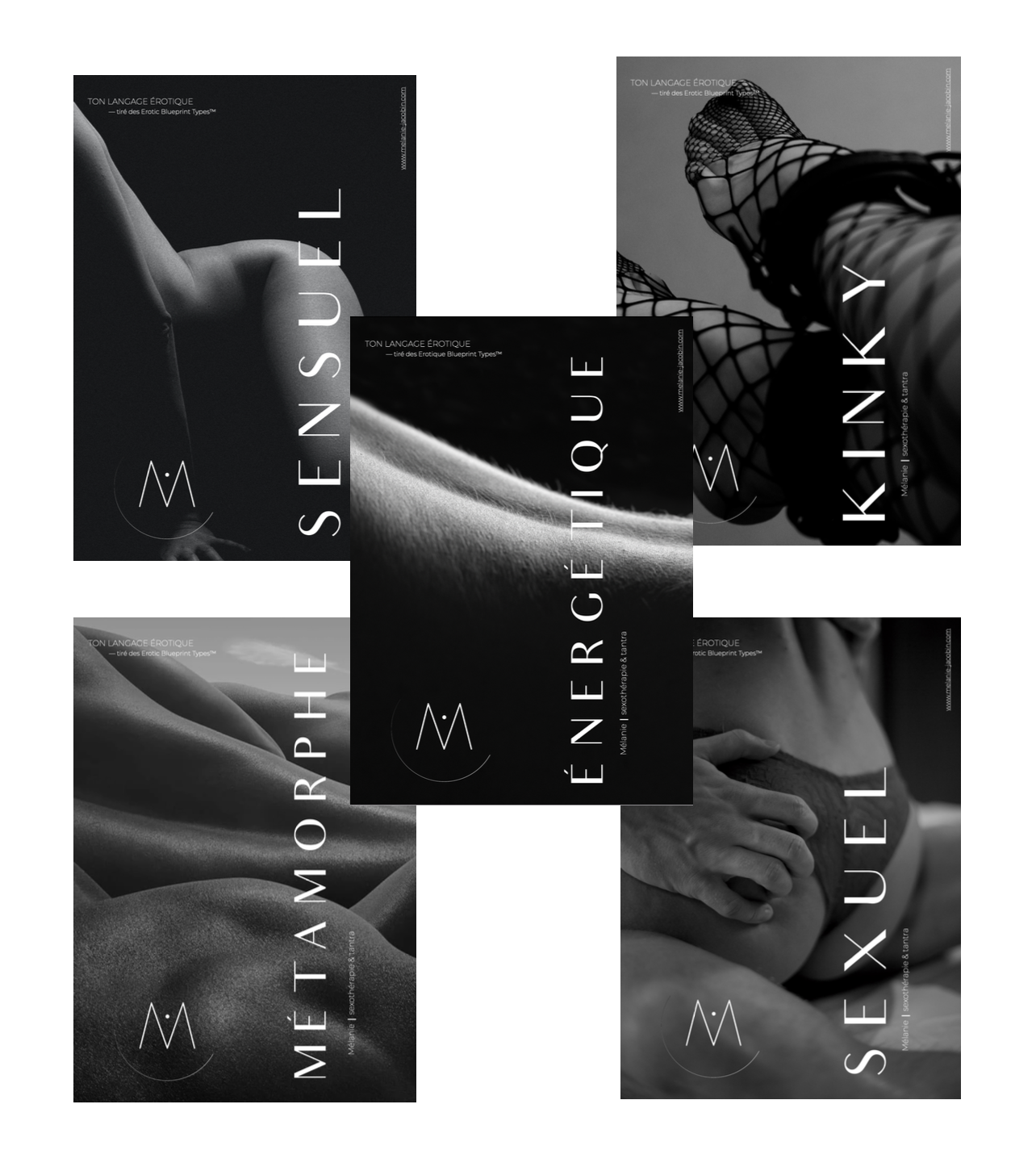 Cinq affiches noires et blanches avec des images de corps nus ou partiels et du texte en français, évoquant le langage érotique, la sensualité et la sexualité, avec des logos et des liens web.