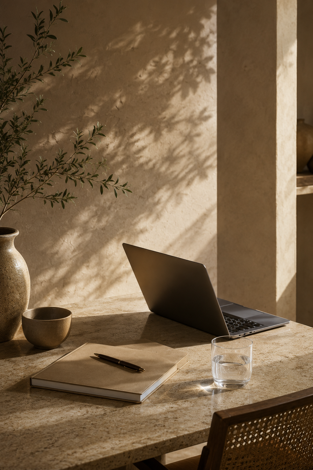 Un bureau avec un vase, une tasse, un cahier et un stylo sur une table en pierre, un ordinateur portable entrouvert, un verre d'eau, dans une pièce éclairée par la lumière du soleil.