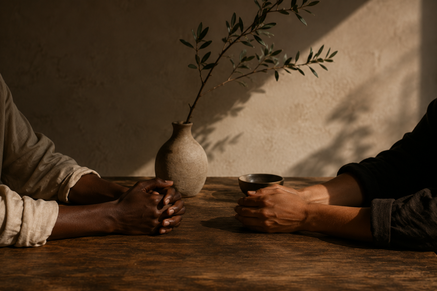 Deux personnes assises face à face à une table en bois, mains croisées ou posées, avec une vase et une plante à l'arrière-plan.