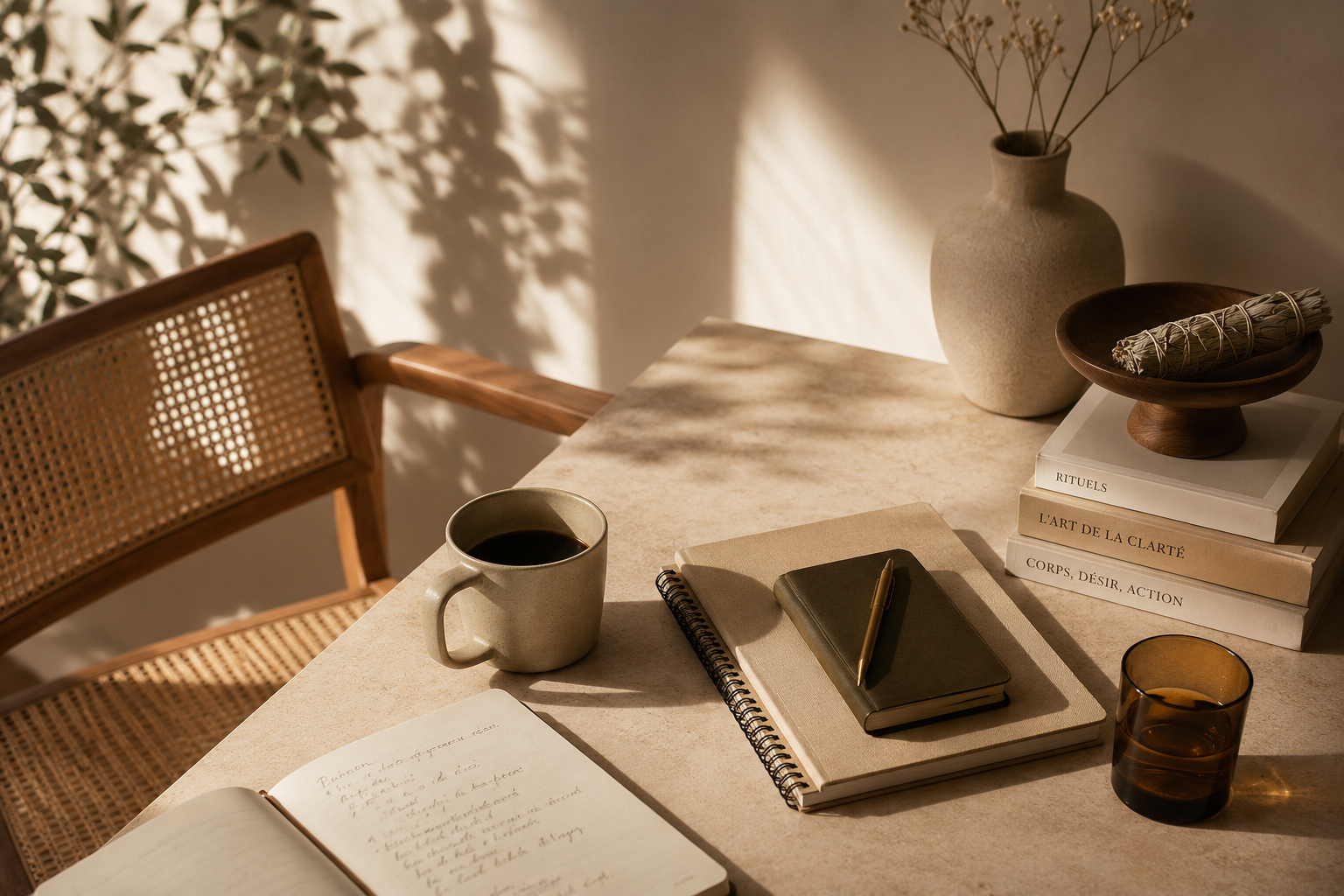 Une table avec un carnet ouvert, un livre, un stylo, une tasse de café, un verre sombre, une petite pile de livres, et un vase contenant des branches, le tout sous la lumière naturelle et des ombres de feuilles sur le mur.