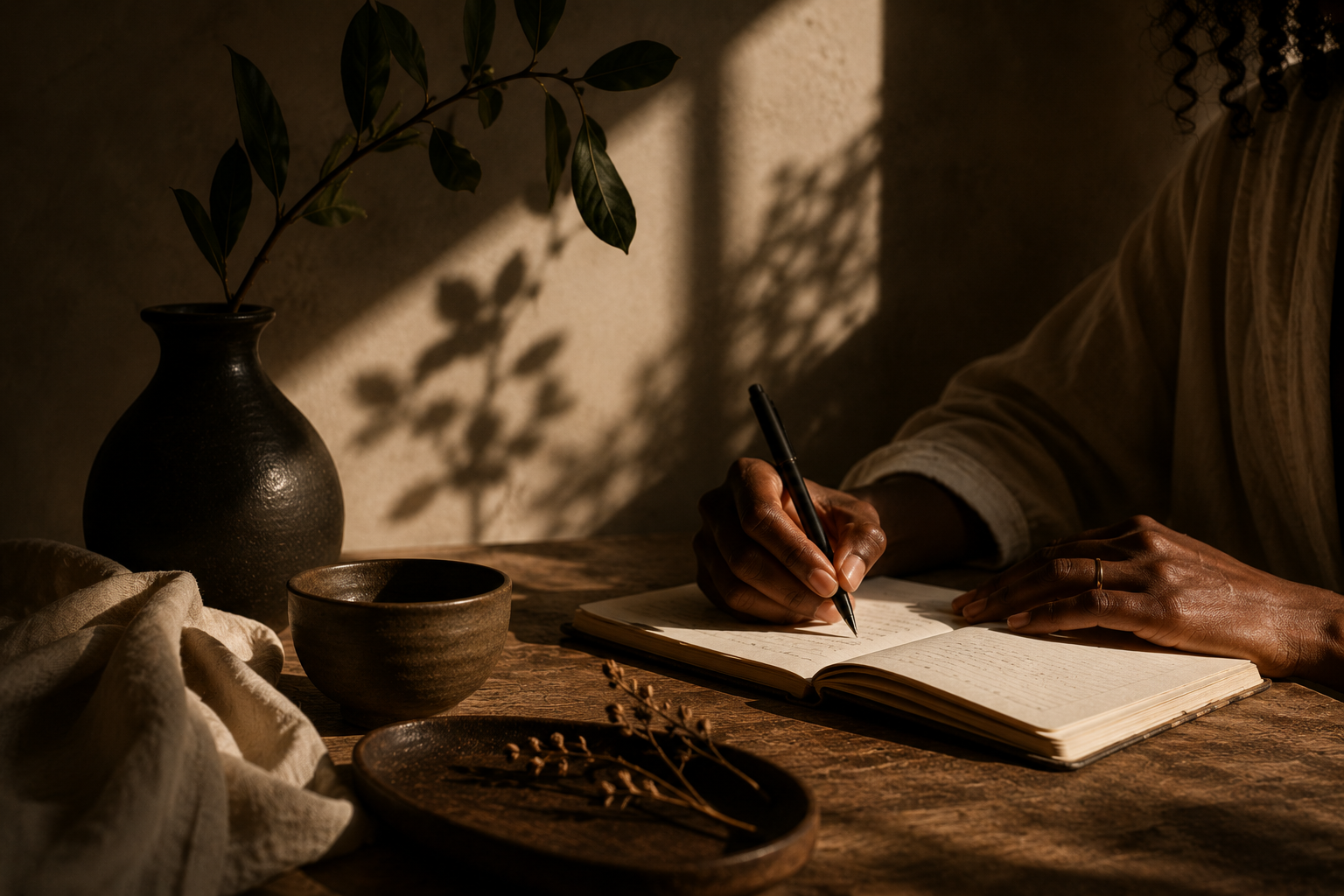 Une personne écrit dans un carnet sur une table en bois, avec une lampe qui projette une ombre de feuilles sur le mur et des céramiques à côté.