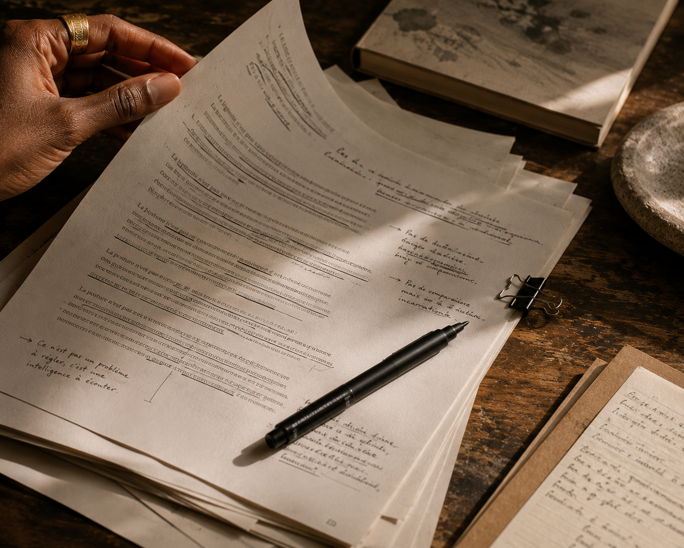 Une main manucurée tient des feuilles de papier avec du texte en français, sur un bureau en bois avec un bloc-notes, un stylo noir, un clip, et un caillou decoratif.