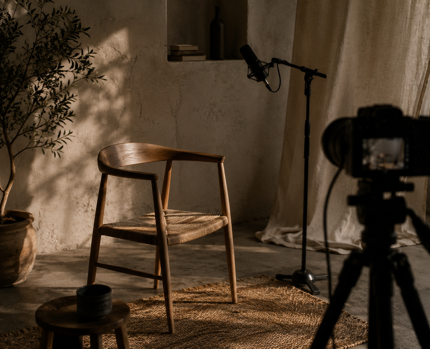 Un studio de photographie avec une chaise en bois, un microphone, un appareil photo sur trépied, un tapis en fibre naturelle, une plante en pot, et une étagère avec des livres, dans un éclairage doux et chaleureux.