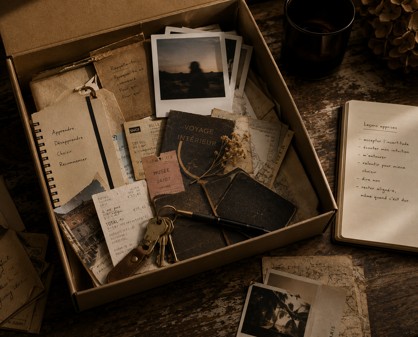 Une boîte contenant des souvenirs de voyage, des photos, un carnet avec des notes, des tickets et clés, avec une tasse à café noire à côté et un cahier ouvert avec une liste de leçons apprises.