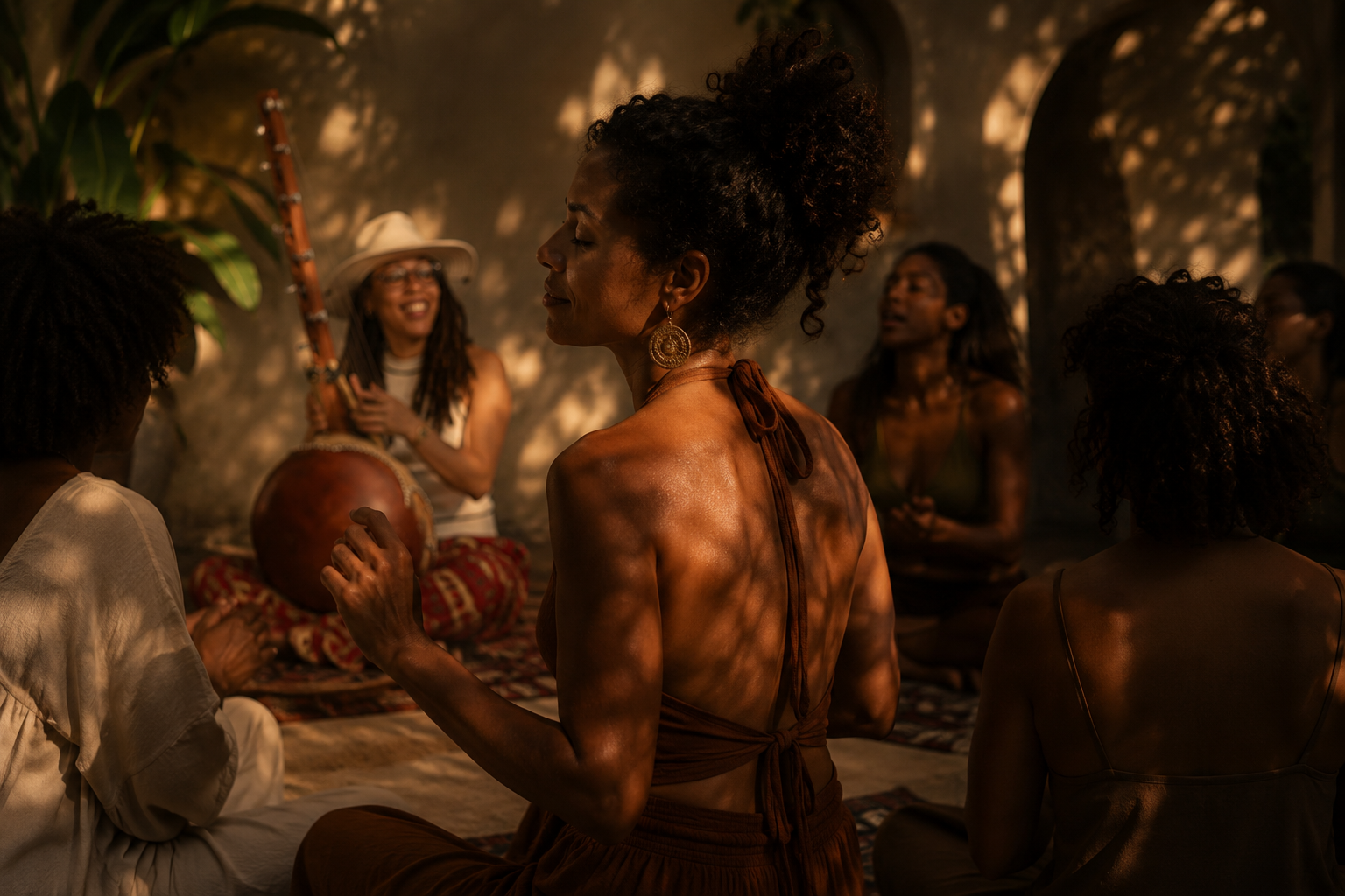 Un groupe de femmes africaines assises en cercle dans une pièce tamisée, certaines jouent de la musique avec des instruments traditionnels, ambiance chaleureuse et conviviale.