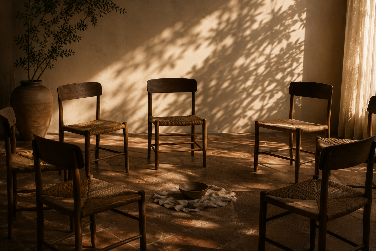 Une pièce avec six chaises en bois disposées en cercle, une grande poterie avec une plante, et une lumière douce créant des ombres de feuilles sur le mur et le sol, avec des rideaux légers. Sol en carreaux de terre cuite.