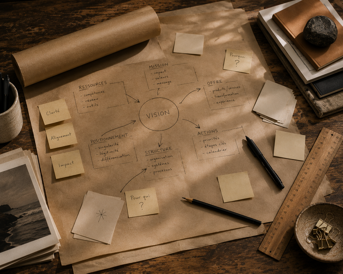 Plan de réflexion ou tableau de vision avec différentes catégories et notes autocollantes sur un bureau en bois.