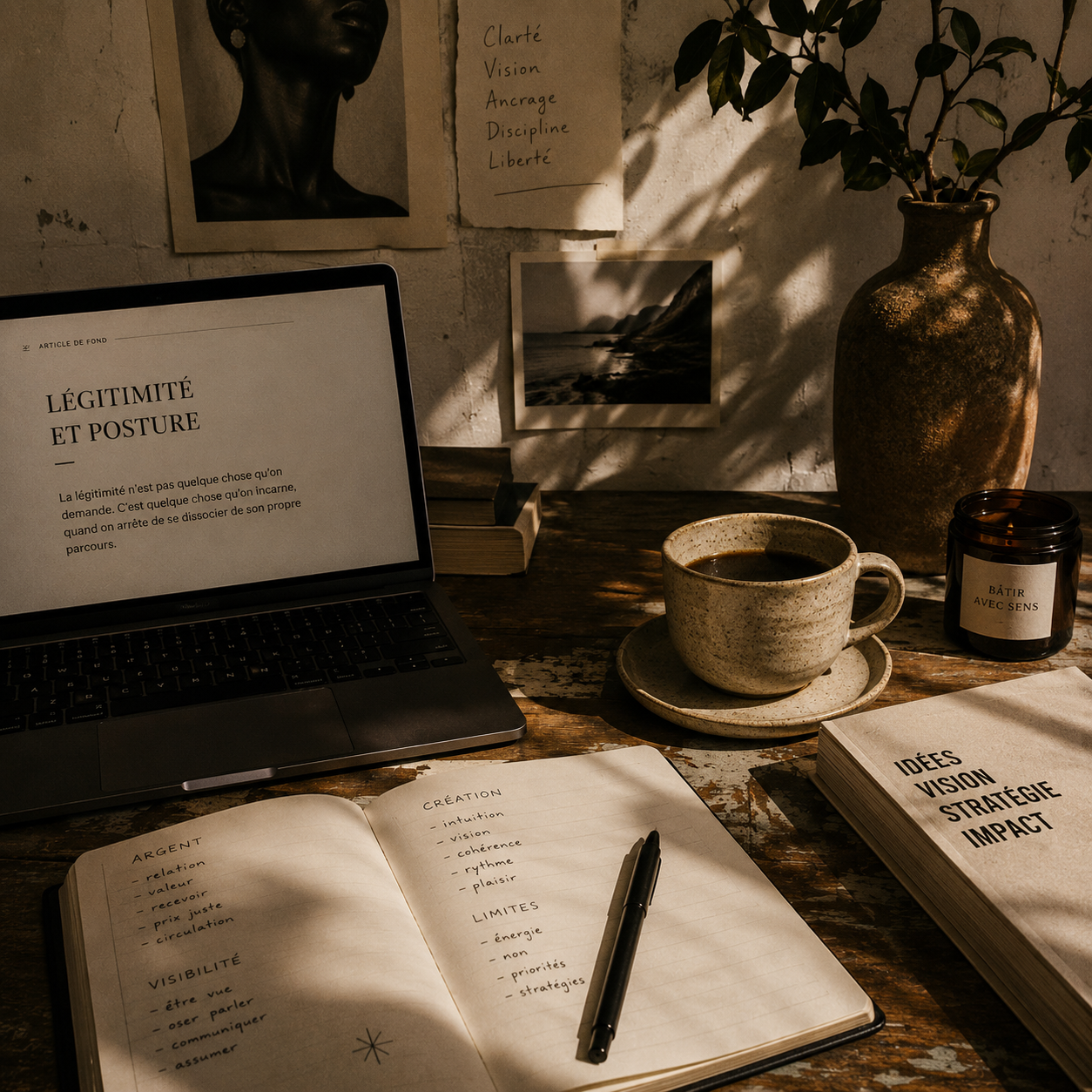 Un bureau avec un ordinateur portable affichant un article sur la légitimité et la posture, un livre ouvert, un carnet avec des notes, une tasse de café, une plante en pot, une bougie, et des photographies et notes accrochées au mur.