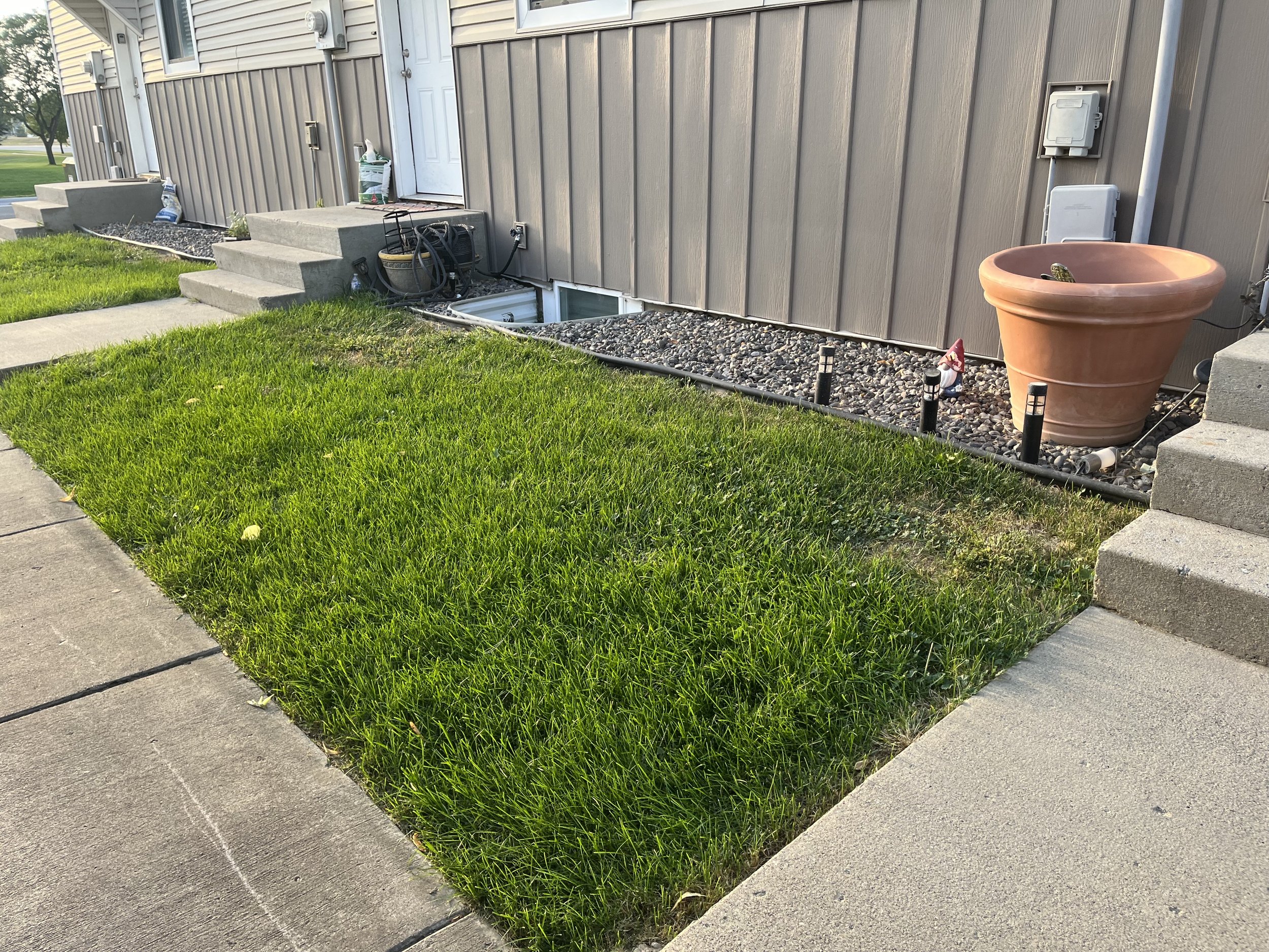 New sod, and landscape beds, with sprinklers being moved forwards away from housing.