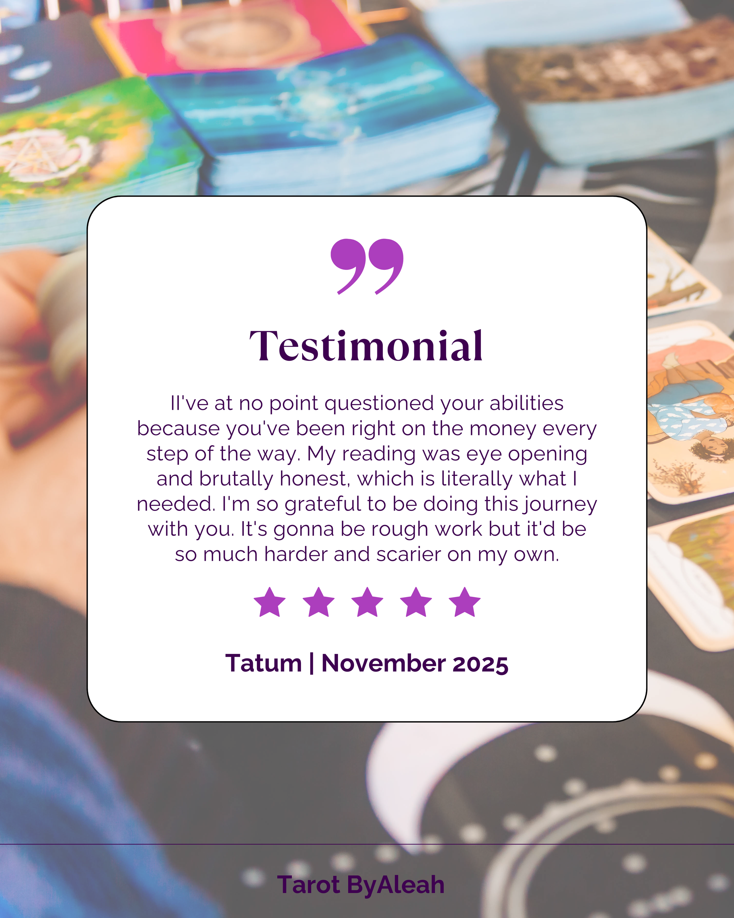 A tarot card reading testimonial with colorful tarot cards and a hand holding a pen, on a table. The testimonial is overlaid on the image, expressing gratitude for a tarot reader and mentioning the date November 2025.