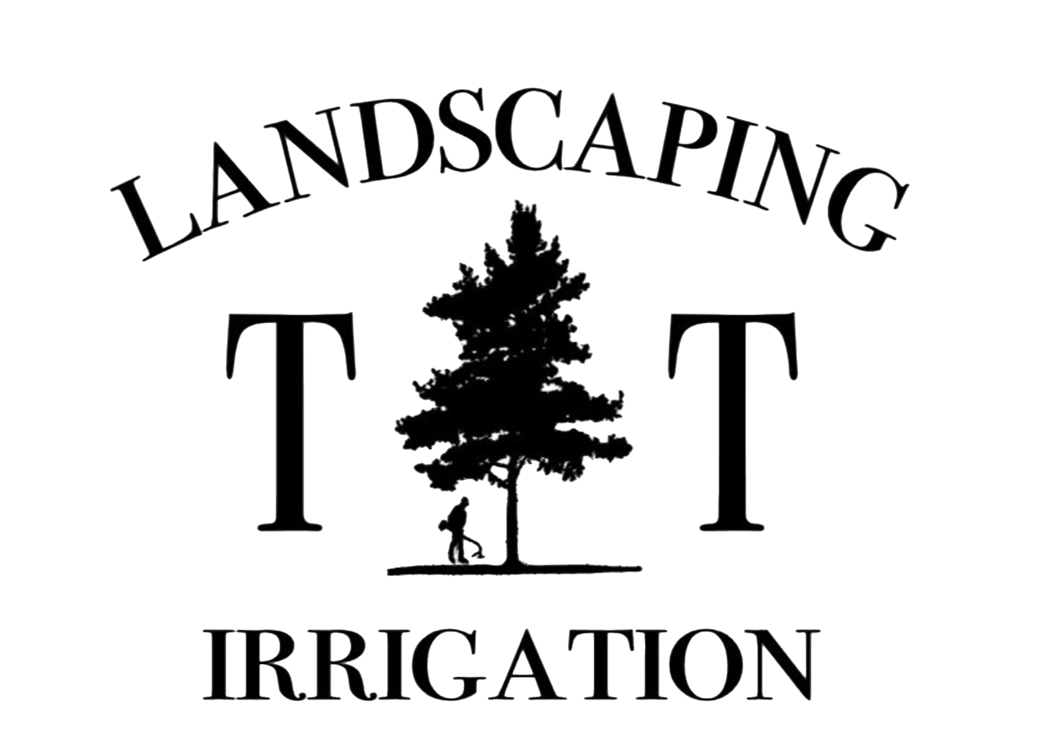 Logo with text 'Landscaping' arched above 'Irrigation' below, featuring a tree, a person with a hose, and the letter 'T'.
