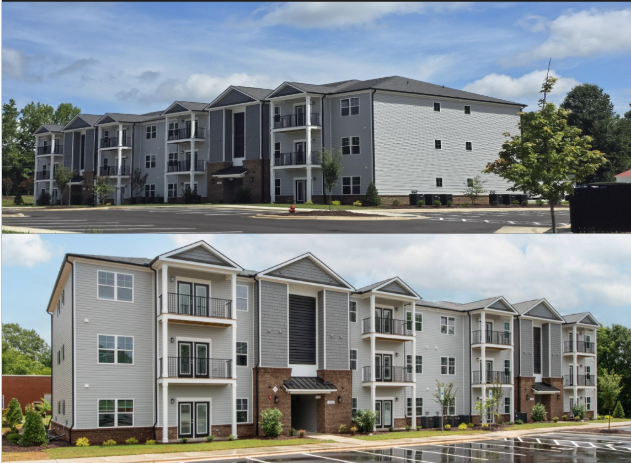 Exterior views of two modern apartment buildings, one with three floors and balconies, featuring a mix of gray siding and brick accents, with trees and a parking lot in the vicinity.