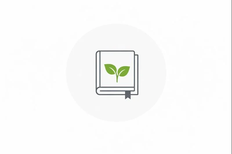 Icon of a book with a green leaf on the cover and a bookmark.