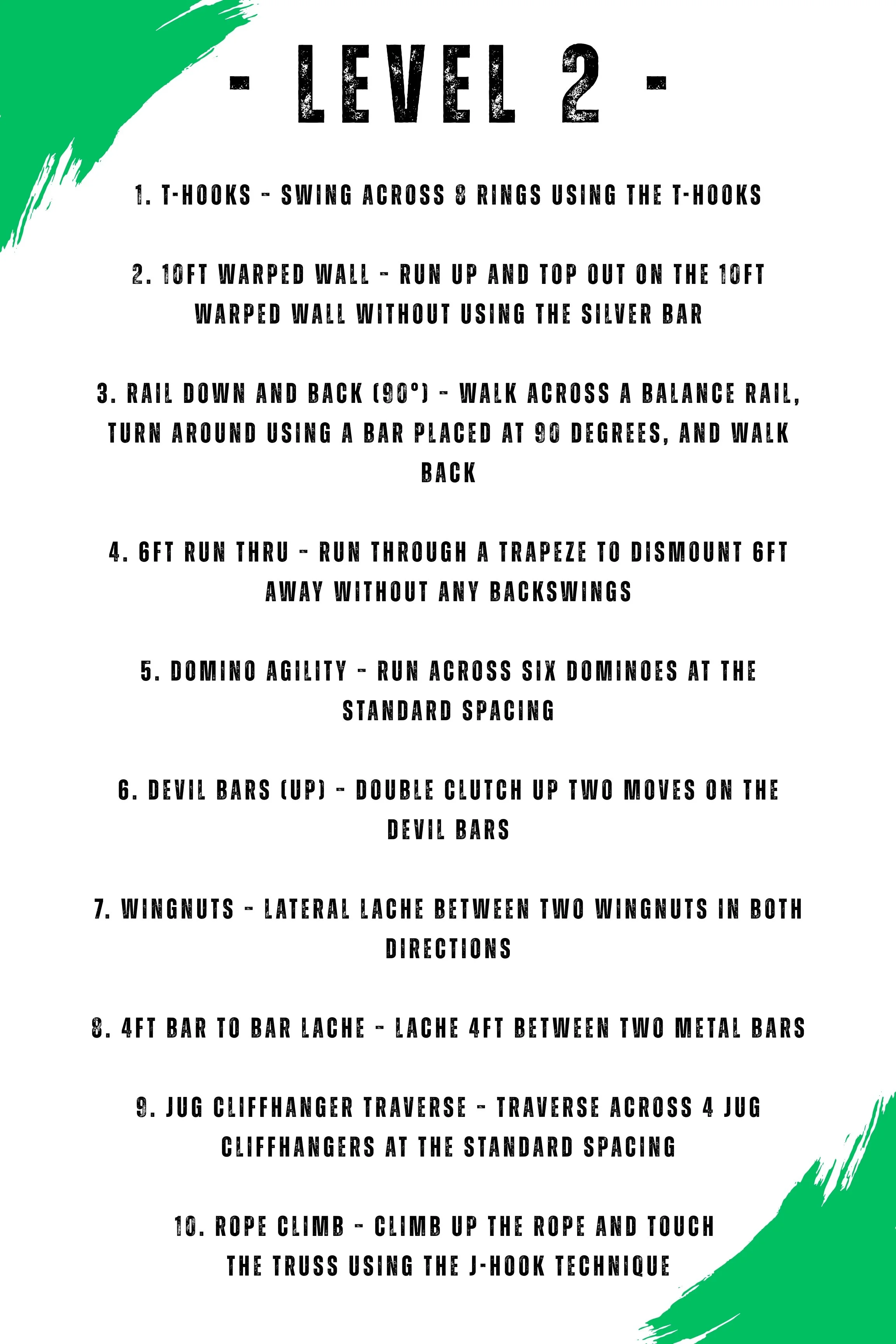 Workout plan titled "Level 2" with ten different exercises and instructions, including T-hooks, warped wall, balance rail, domino agility, devil bars, wingnuts, jug cliffhanger, and rope climb, listed in black text on a white background with green brushstroke accents at the top left and bottom right corners.