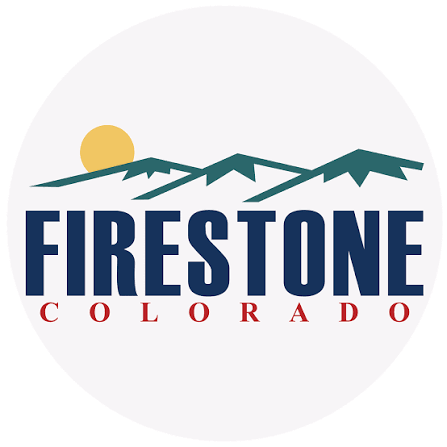 Firestone Colorado logo with stylized mountains, a setting sun, and bold text.