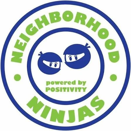 Logo featuring two cartoon ninja characters inside a circle with the text "NeighborHood Ninjas" and "powered by positivity" in green and blue.