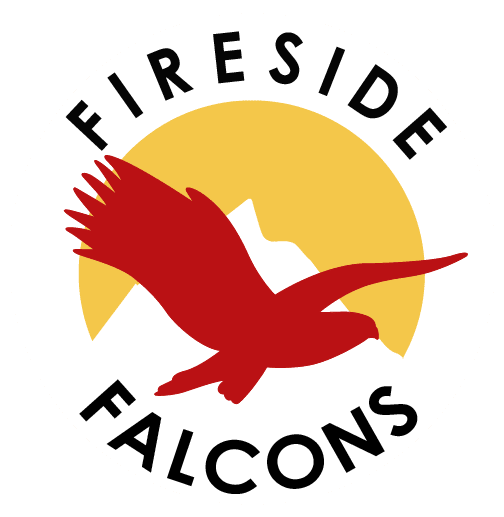 Logo of Firehouse Falcns featuring a red falcon in flight over a yellow shape, with black text 'FIRE / SIDE' above and 'FALCONS' below, on a white background.