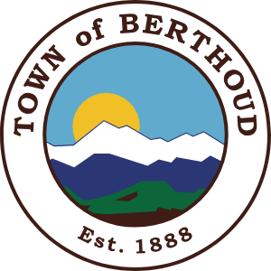 Town of Berthoud official emblem featuring mountains, a yellow sun, and a blue sky, with the text "Town of Berthoud" and "Est. 1888" surrounding the design.