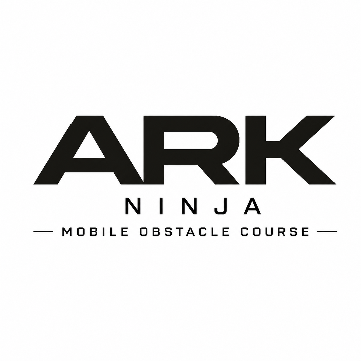 Logo for ARK Ninja Mobile Obstacle Course, featuring bold black text 'ARK' with 'NINJA' underneath and 'MOBILE OBSTACLE COURSE' below, on a white background.