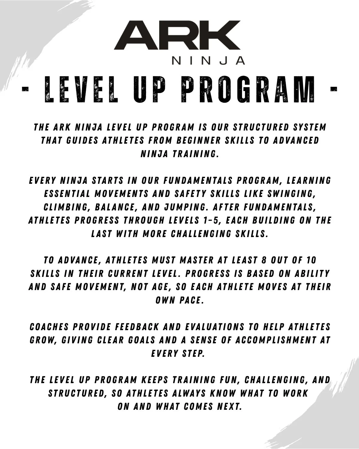 Information poster for ARK Ninja Level Up Program detailing structure, skill levels, safety, coaching, and progress criteria.