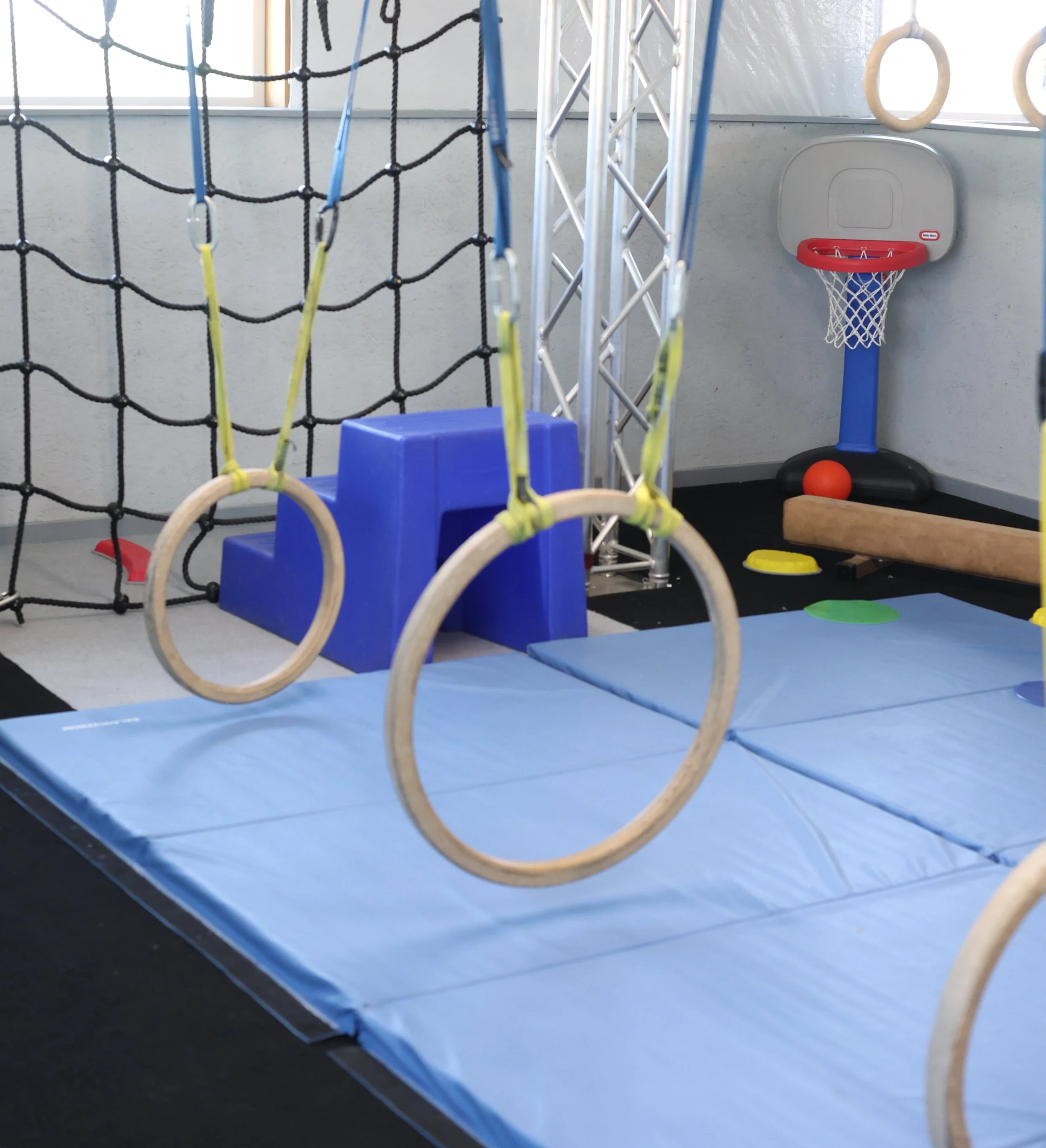 Mini Ninja area with basketball hoop, gymnastic rings, and climbing equipment on padded blue flooring.