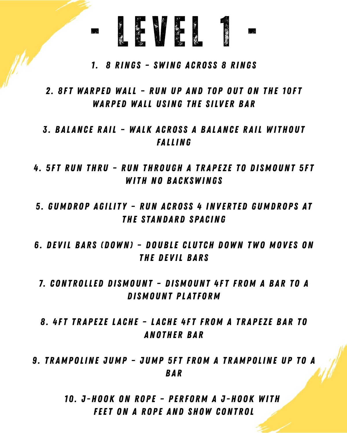 Workout level 1 exercise list with instructions on an off-white background, decorated with yellow brush strokes in the top left and bottom right corners.