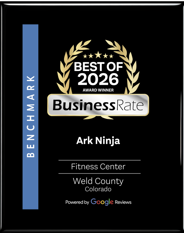 Award plaque for BusinessRate, recognizing Ark Ninja Fitness Center in Weld County, Colorado, as the best of 2026, powered by Google Reviews.