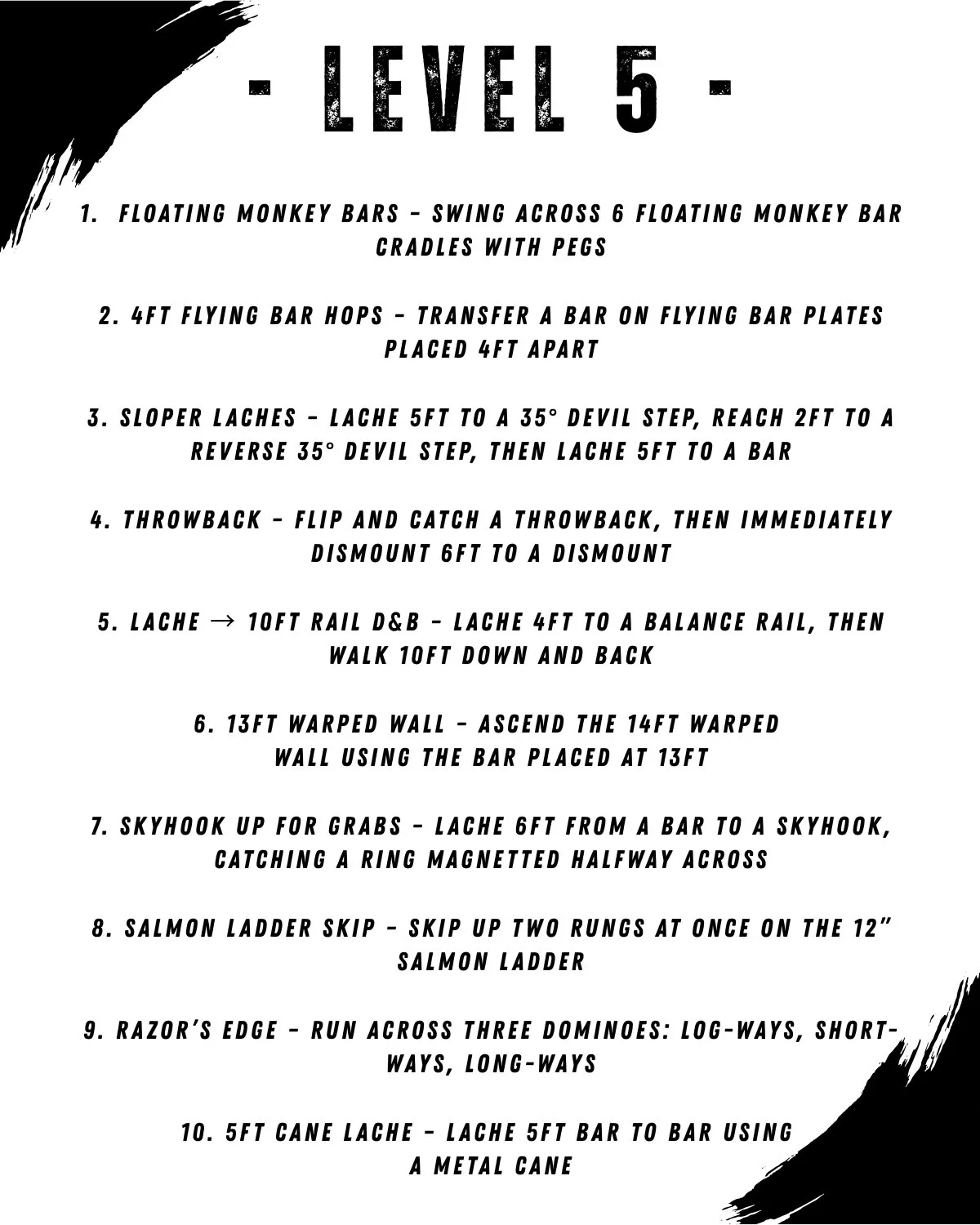 Instructions for climbing exercises at Level 5, including various climbing techniques and equipment setups.