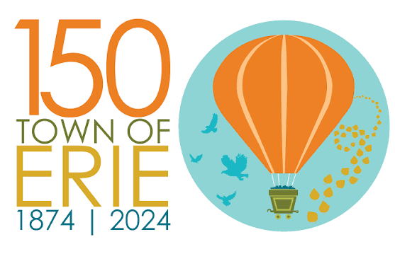 Graphic celebrating 150 years of the Town of Erie, from 1874 to 2024, featuring a hot air balloon and flying birds.