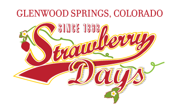 Glenwood Springs, Colorado Strawberry Days logo featuring red and yellow text with strawberries and green leaves.