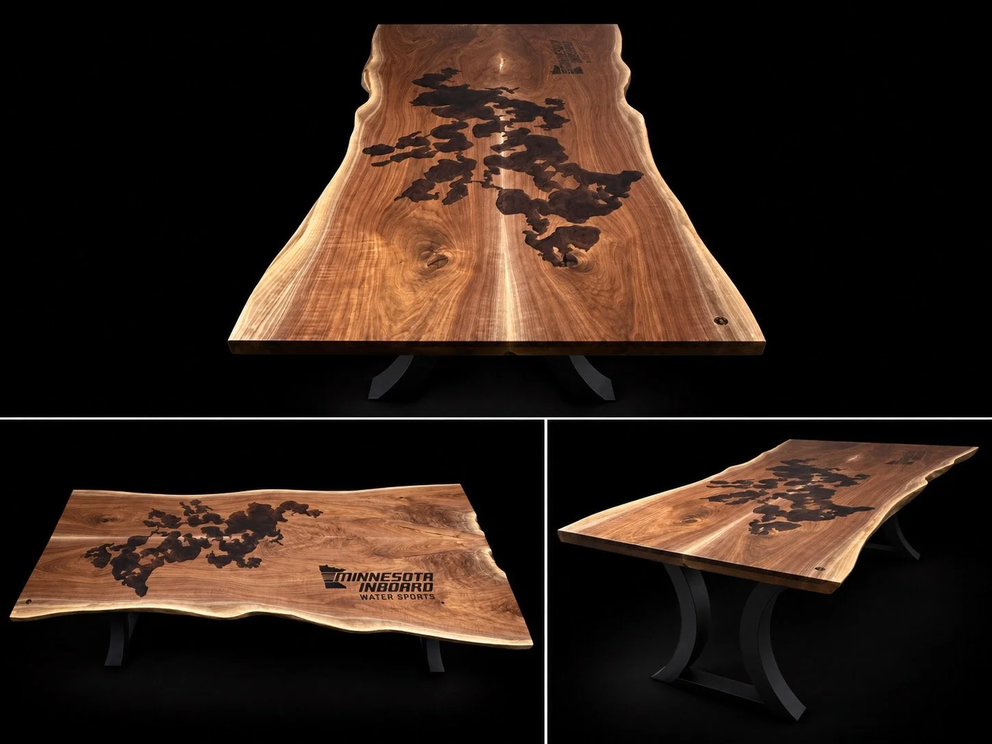 A wooden table with a natural, live edge, featuring a map of Minnesota in dark wood and the Minnesota Inboard Water Sports logo engraved on the surface, shown from three angles against a black background.